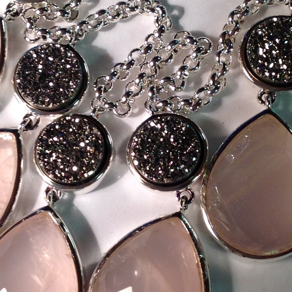 Christine Darren $339 Platinum DRUSY Rose Quartz Designer Necklace